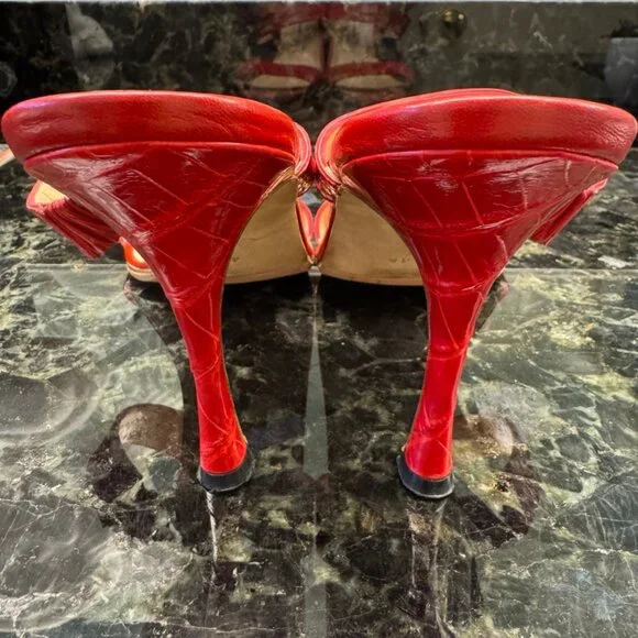 Manolo Blahnik Red Leather Croc Embossed Double Strap Sandals 40 8.5 9 Luxury - Picture 11 of 11